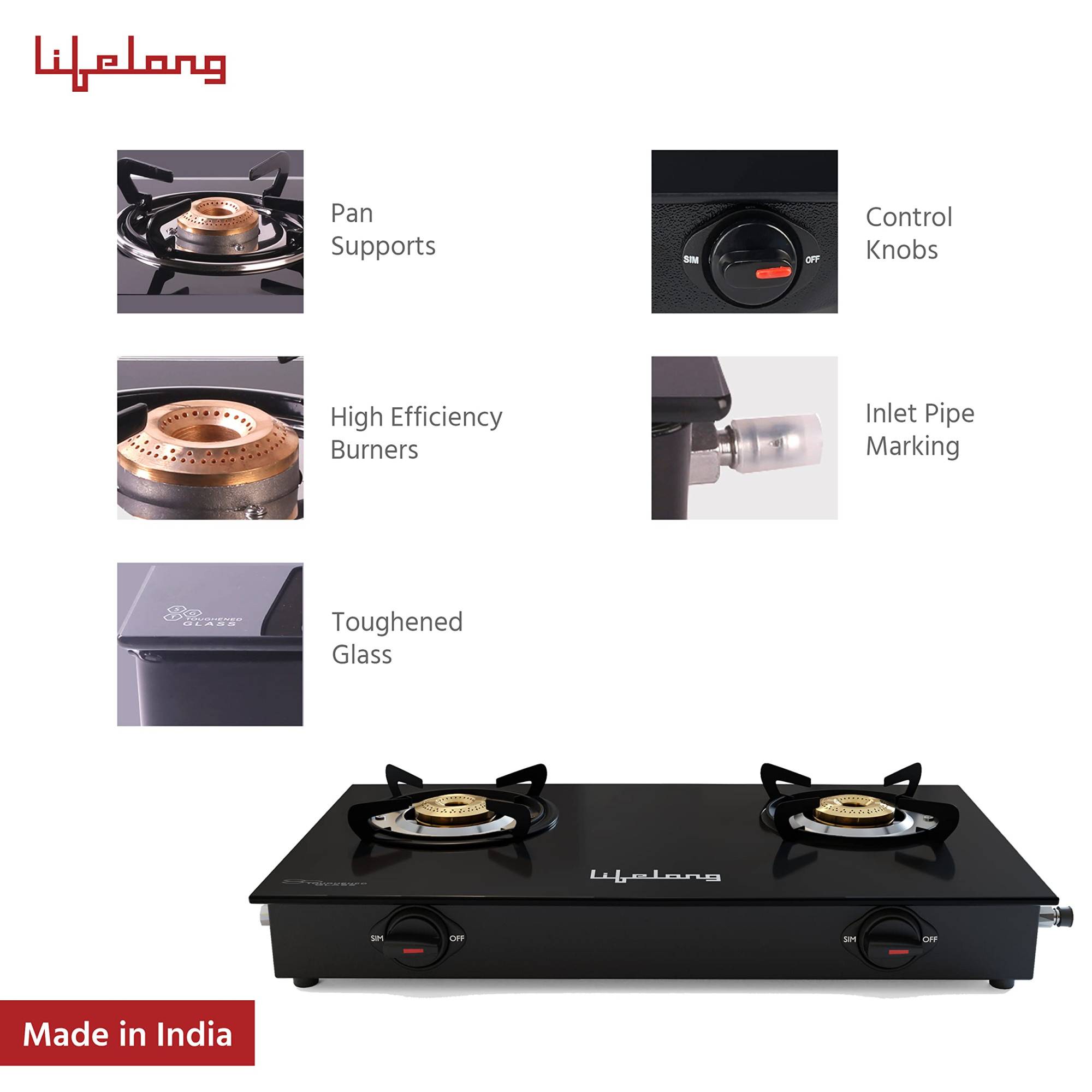 Lifelong 2 Burner Gas Stove Top for Kitchen - Manual Ignition Cooktop Modern Glass Stove for Modular Kitchen ISI Certified Compatible with LPG - 1 Year Manufacturers Black LLGS10