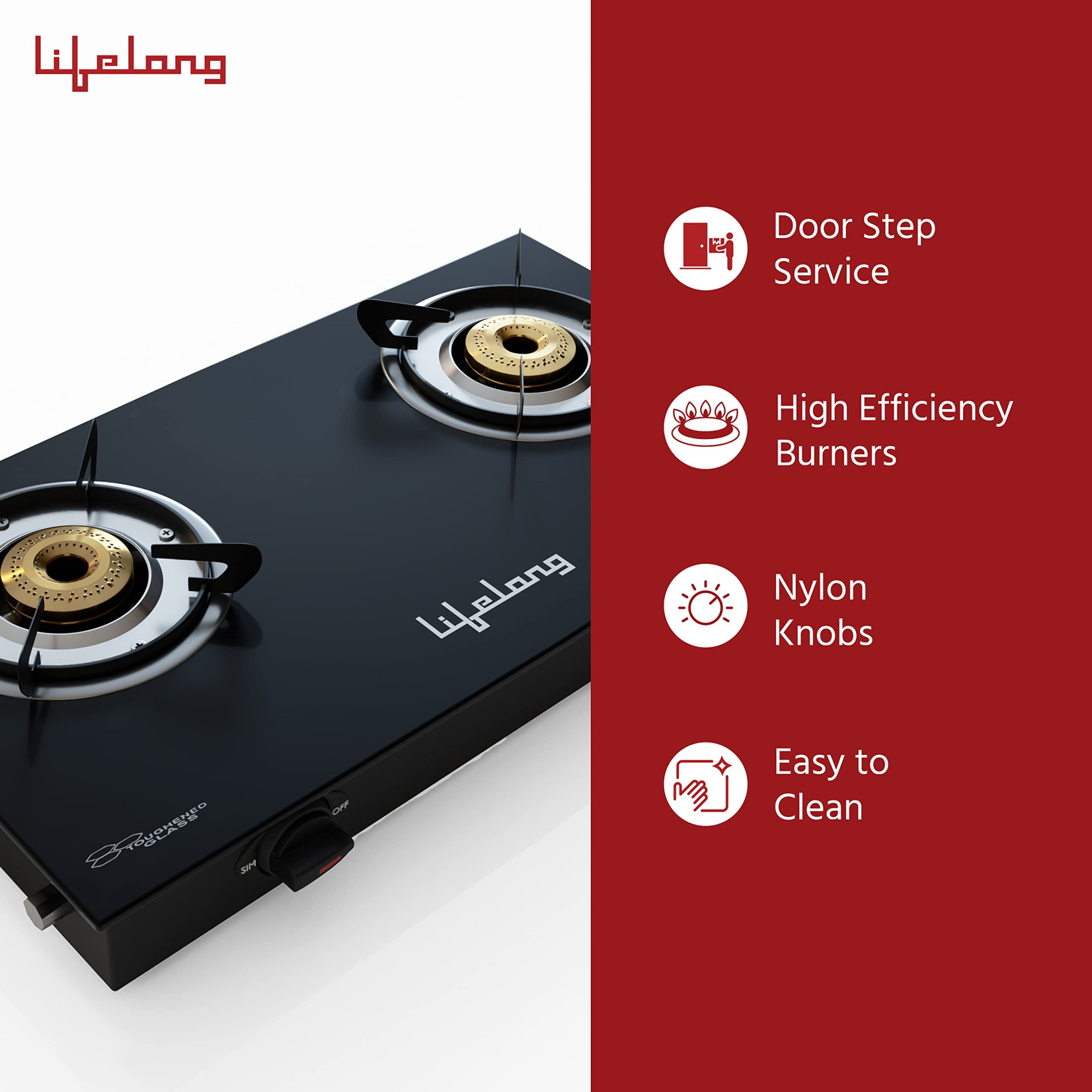 Lifelong 2 Burner Gas Stove Top for Kitchen - Manual Ignition Cooktop Modern Glass Stove for Modular Kitchen ISI Certified Compatible with LPG - 1 Year Manufacturers Black LLGS10