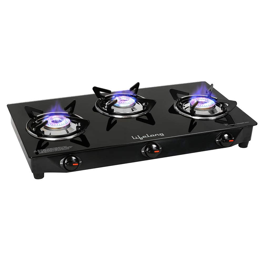 Lifelong 3 Burner Gas Stove Top for Kitchen - Manual Ignition Cooktop Modern Glass Stove for Modular Kitchen ISI Certified Compatible with LPG - 1 Year Manufacturers Black LLGS18