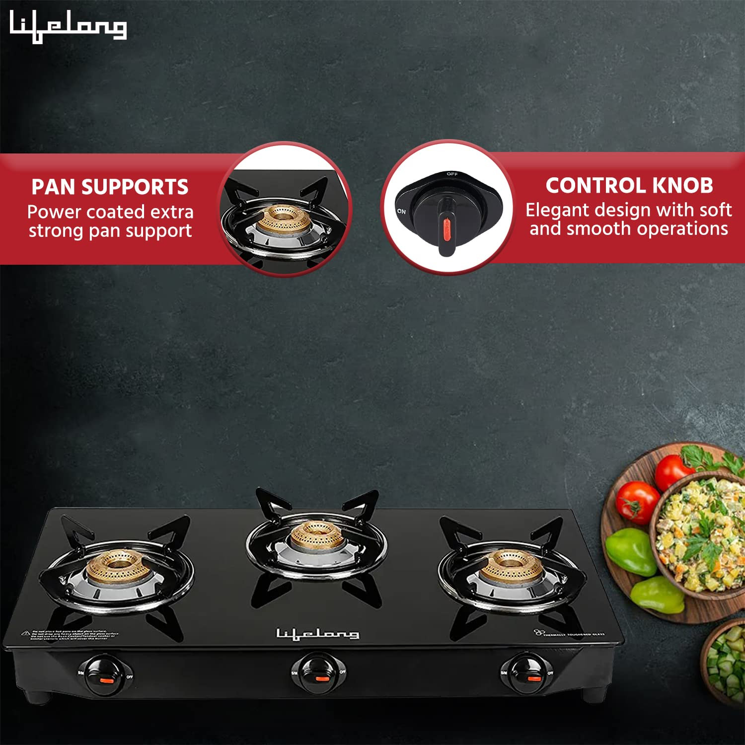 Lifelong 3 Burner Gas Stove Top for Kitchen - Manual Ignition Cooktop Modern Glass Stove for Modular Kitchen ISI Certified Compatible with LPG - 1 Year Manufacturers Black LLGS18