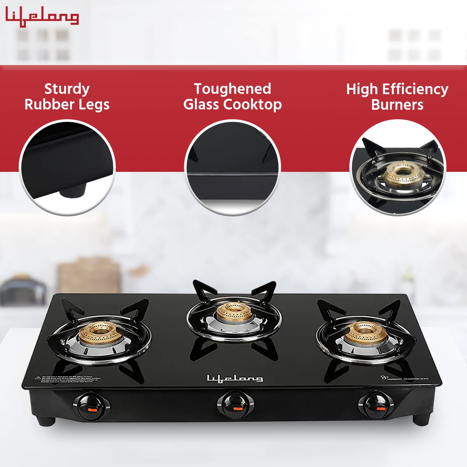 Lifelong 3 Burner Gas Stove Top for Kitchen - Manual Ignition Cooktop Modern Glass Stove for Modular Kitchen ISI Certified  Compatible with LPG - 1 Year Manufacturers Black LLGS18