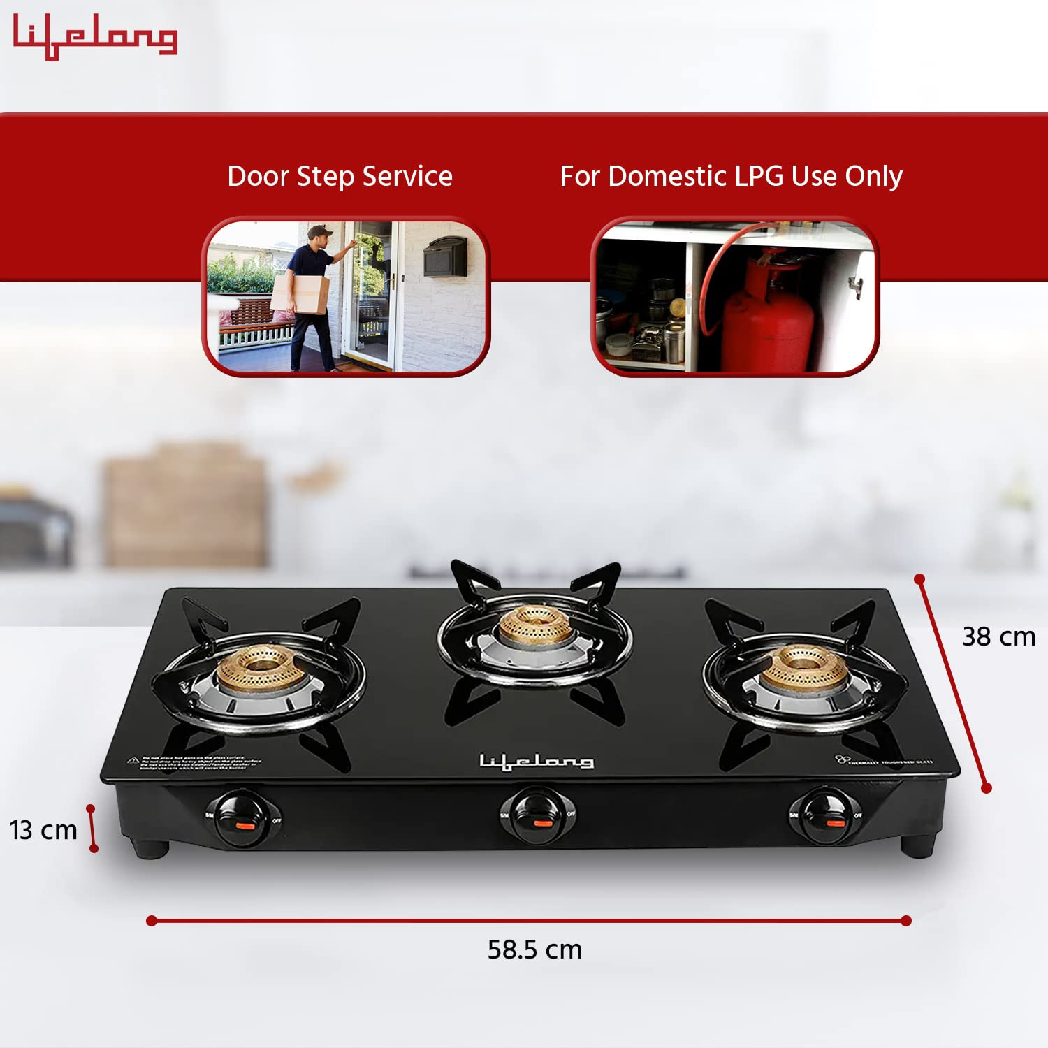 Lifelong 3 Burner Gas Stove Top for Kitchen - Manual Ignition Cooktop Modern Glass Stove for Modular Kitchen ISI Certified Compatible with LPG - 1 Year Manufacturers Black LLGS18