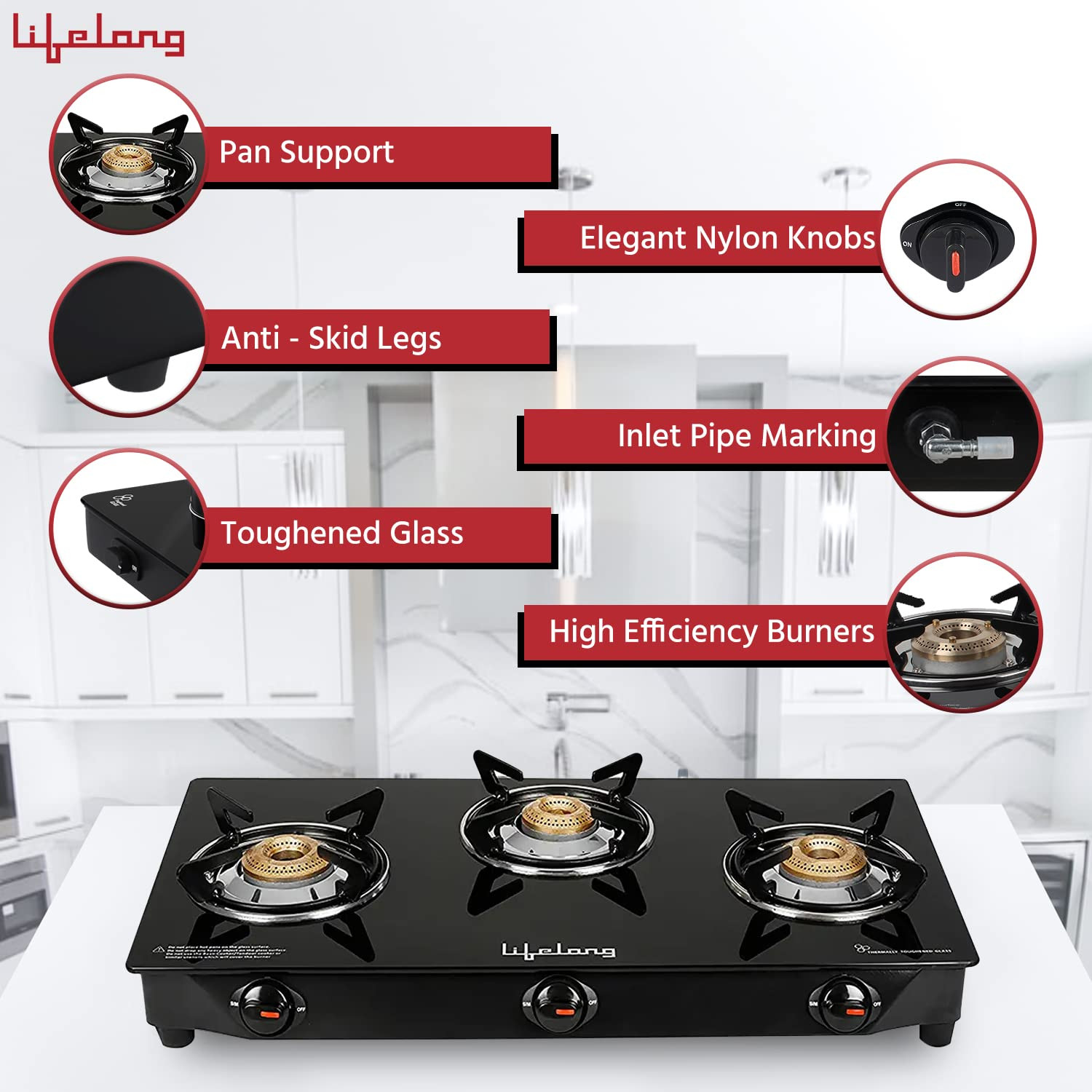 Lifelong 3 Burner Gas Stove Top for Kitchen - Manual Ignition Cooktop Modern Glass Stove for Modular Kitchen ISI Certified Compatible with LPG - 1 Year Manufacturers Black LLGS18