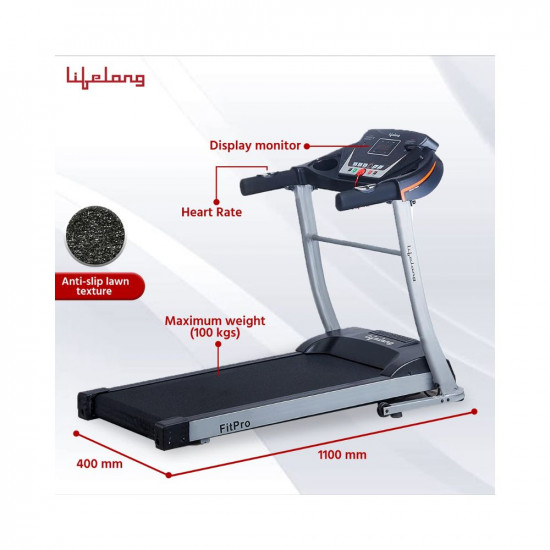 Lifelong FitPro LLTM09 (2.5 HP Peak) Manual Incline Motorized Treadmill for Home with 12 preset Workouts, Max Speed 12km/hr.