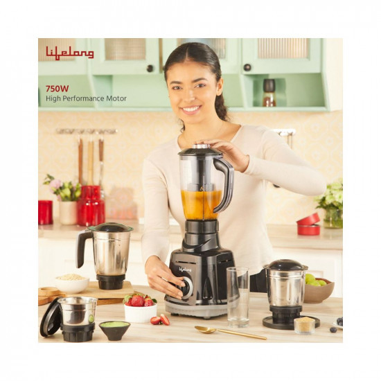 Lifelong Juicer Mixer Grinder for Kitchen - 4 Jars 750 Watt Mixie - Juicer with Fruit Filter Grinding Jar Chutney Jar  Liquidizing Jar used as Wet Grinder  Blender - Stainless Steel BladesLLMG75