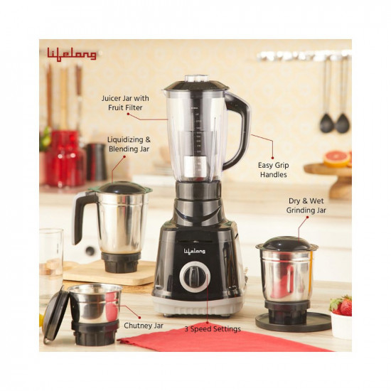 Lifelong Juicer Mixer Grinder for Kitchen - 4 Jars 750 Watt Mixie - Juicer with Fruit Filter Grinding Jar Chutney Jar  Liquidizing Jar used as Wet Grinder  Blender - Stainless Steel BladesLLMG75