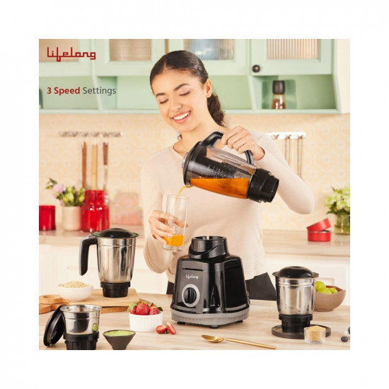 Lifelong Juicer Mixer Grinder for Kitchen - 4 Jars 750 Watt Mixie - Juicer with Fruit Filter Grinding Jar Chutney Jar  Liquidizing Jar used as Wet Grinder  Blender - Stainless Steel BladesLLMG75
