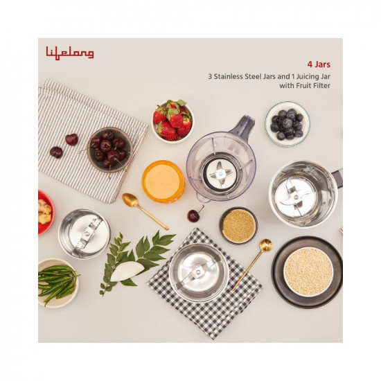 Lifelong Juicer Mixer Grinder for Kitchen - 4 Jars 750 Watt Mixie - Juicer with Fruit Filter Grinding Jar Chutney Jar  Liquidizing Jar used as Wet Grinder  Blender - Stainless Steel BladesLLMG75