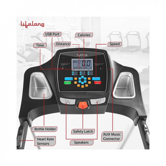 Lifelong LLTM153 Fit Pro 4.5 HP Peak Motorised with LCD Display, Max Speed 14km/hr| Max User Weight 110Kg, Heart Rate Sensor, Manual Incline, Speaker|Treadmill for Home(Free Call Installation Assistance)