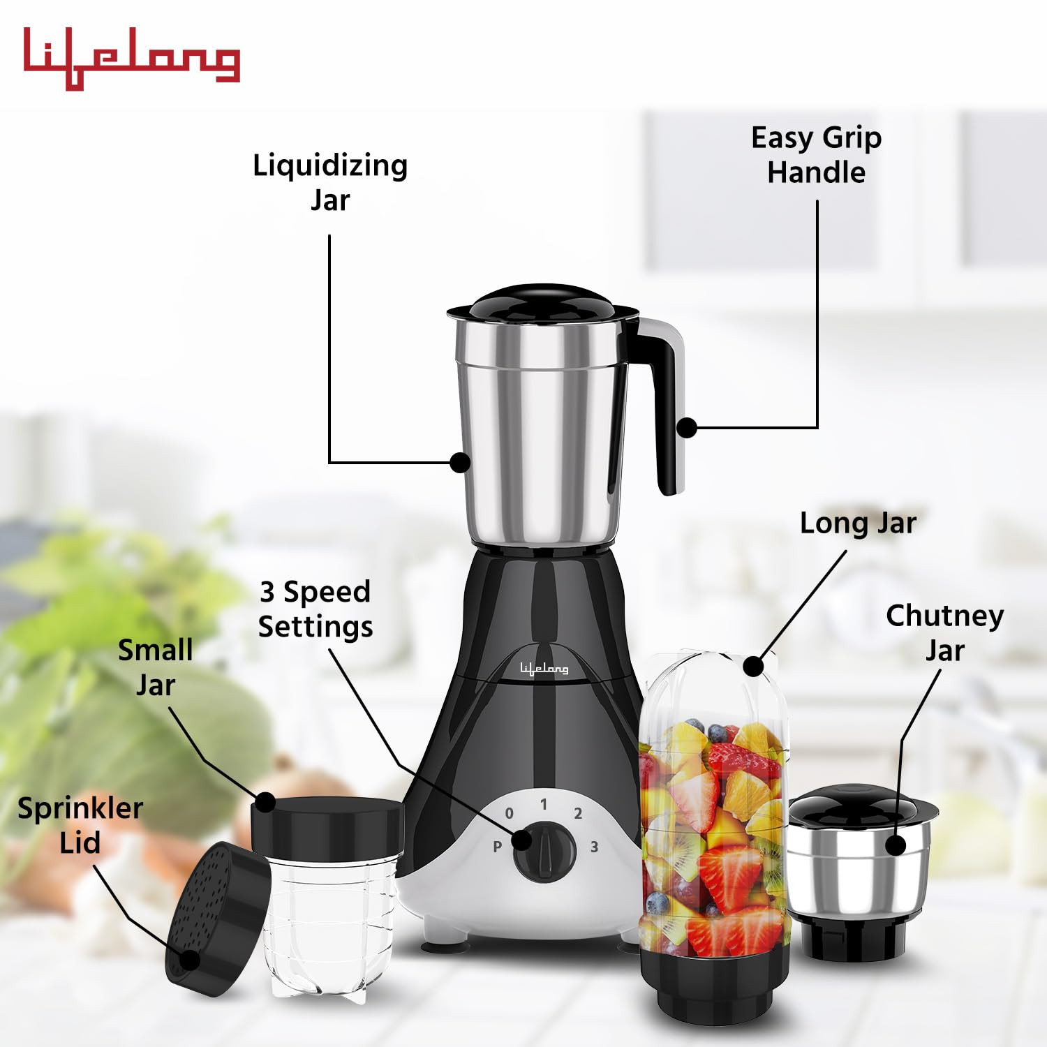 Lifelong Mixer Grinder for Kitchen - 4 Jars 500 Watt Mixie - 2 Nutri bullet Jars for Smoothie Blending Chutney Jar Liquidizing Jar used as Wet Grinder Blender - Stainless Steel Blades LLMG39