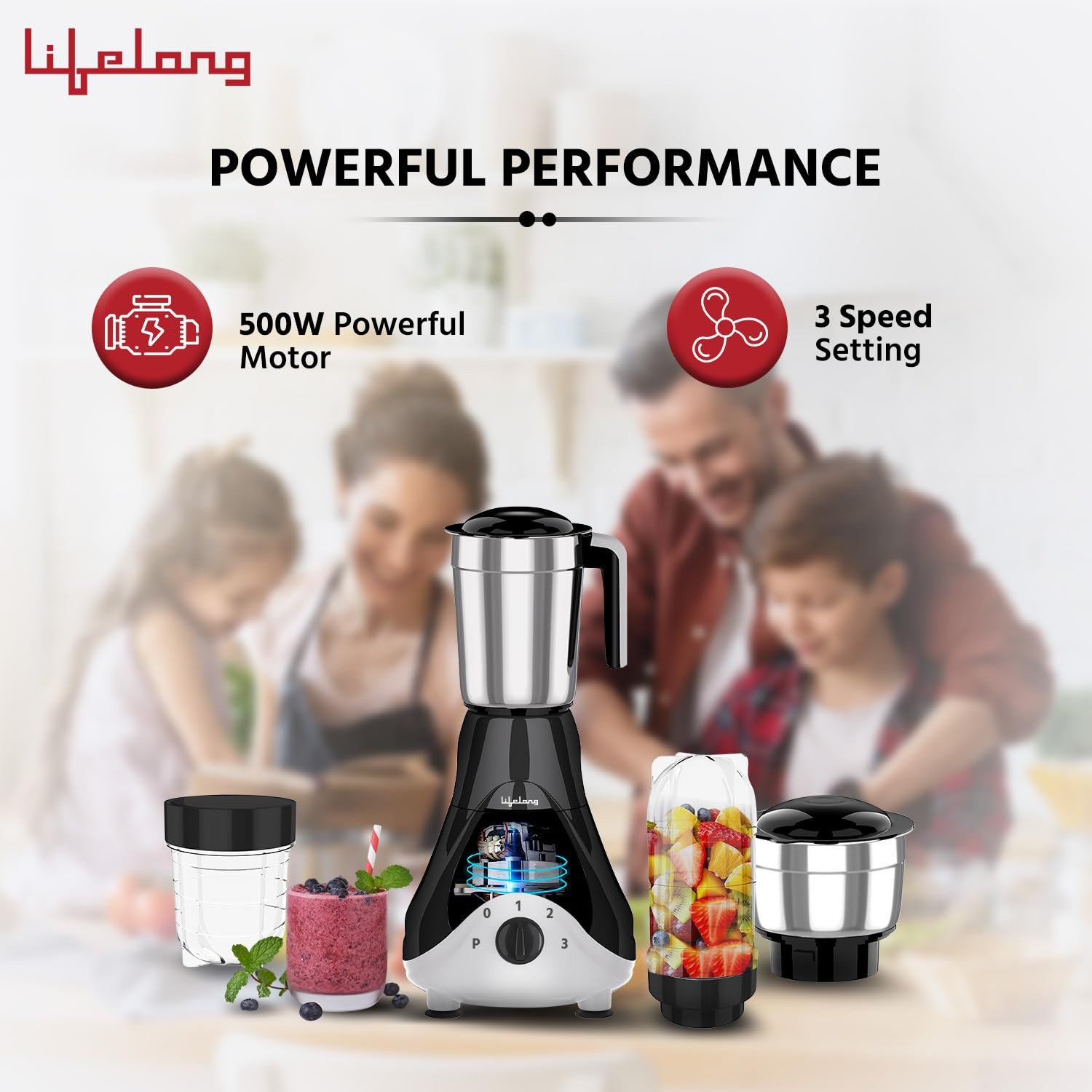 Lifelong Mixer Grinder for Kitchen - 4 Jars 500 Watt Mixie - 2 Nutri bullet Jars for Smoothie Blending Chutney Jar Liquidizing Jar used as Wet Grinder Blender - Stainless Steel Blades LLMG39