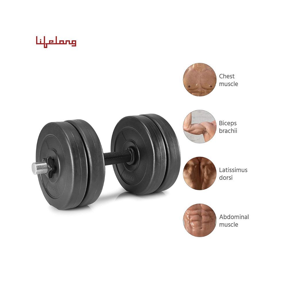 Lifelong PVC Home Gym Set 10Kg Plate 3Feet Curl Rod and Dumbbells Rods with Gym Accessories, Black