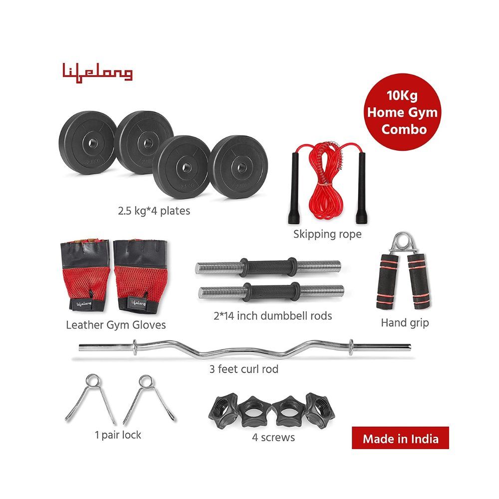 Lifelong PVC Home Gym Set 10Kg Plate 3Feet Curl Rod and Dumbbells Rods with Gym Accessories, Black