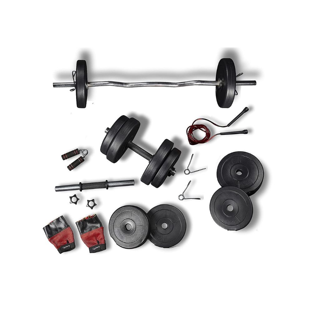 Lifelong PVC Home Gym Set 10Kg Plate 3Feet Curl Rod and Dumbbells Rods with Gym Accessories, Black