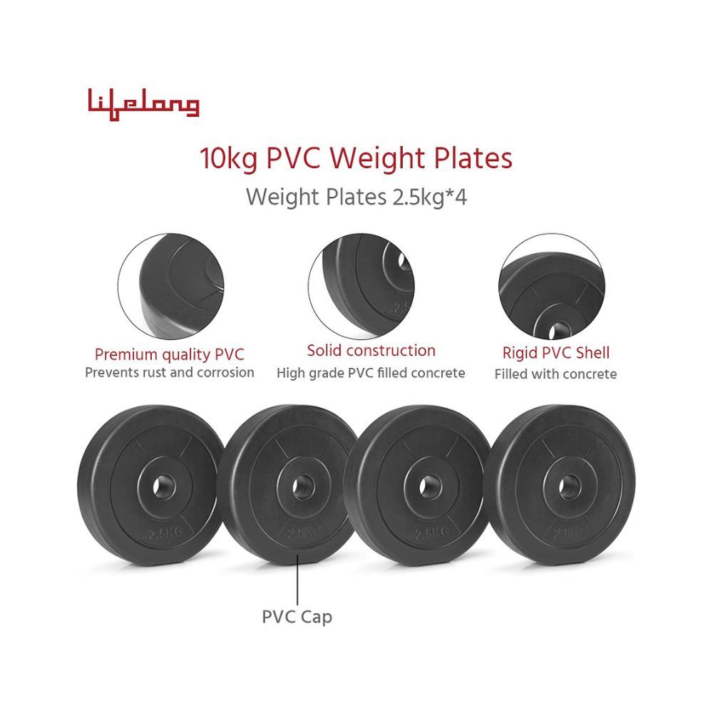 Lifelong PVC Home Gym Set 10Kg Plate 3Feet Curl Rod and Dumbbells Rods with Gym Accessories, Black