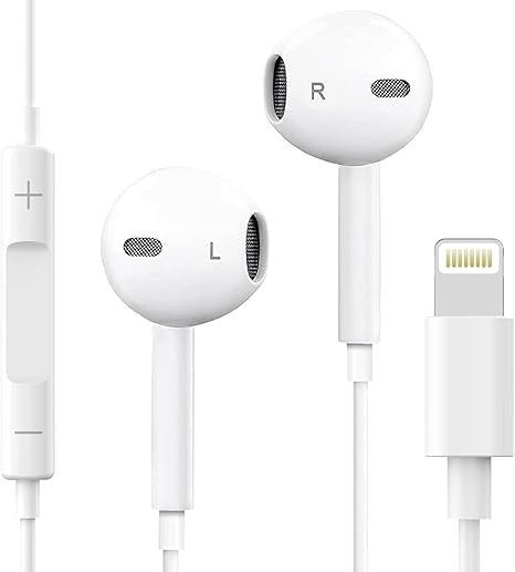 Lightning Connector Earphones with Volume Control White Wired Earphones with Powerful HD Mic for Clear Sound in-Line Volume Controller  Noise Cancellation All iPhone - All iOS