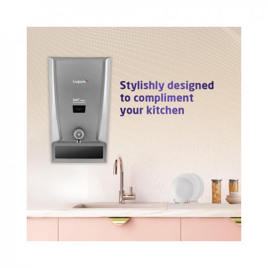 Livpure Bolt+ Copper with 80% Water Savings, Copper+RO+In-Tank UV+Mineraliser+Smart TDS Adjuster, 7 L tank, Water Purifier for home, (Grey) Suitable for Municipal, Tanker, Borewell water