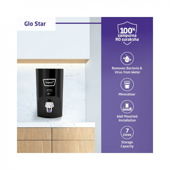 Livpure Glo Star RO+In-Tank UV+UF+Mineraliser - 7 L Storage, 15 LPH Water Purifier for Home, Suitable for Borewell, Tanker, Municipal Water (Black)