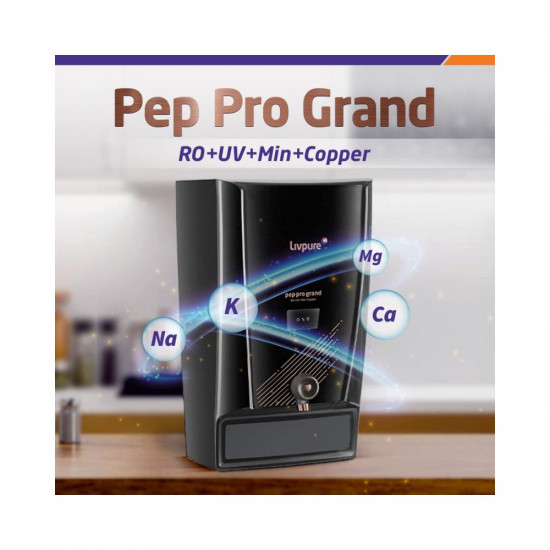 Livpure Pep Pro Grand RO+UV+Mineraliser+Copper+Smart TDS Adjuster 15 LPH Water Purifier | Suitable for Borewell, Tanker, Municipal Water - 7 L Storage Tank, Black