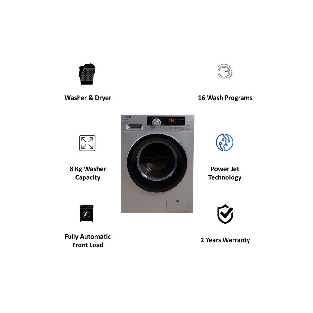 Lloyd 8 kg Inverter Fully Automatic Front Load Washing Machine (LWMF80SX1, Built-in Heater, Silver)