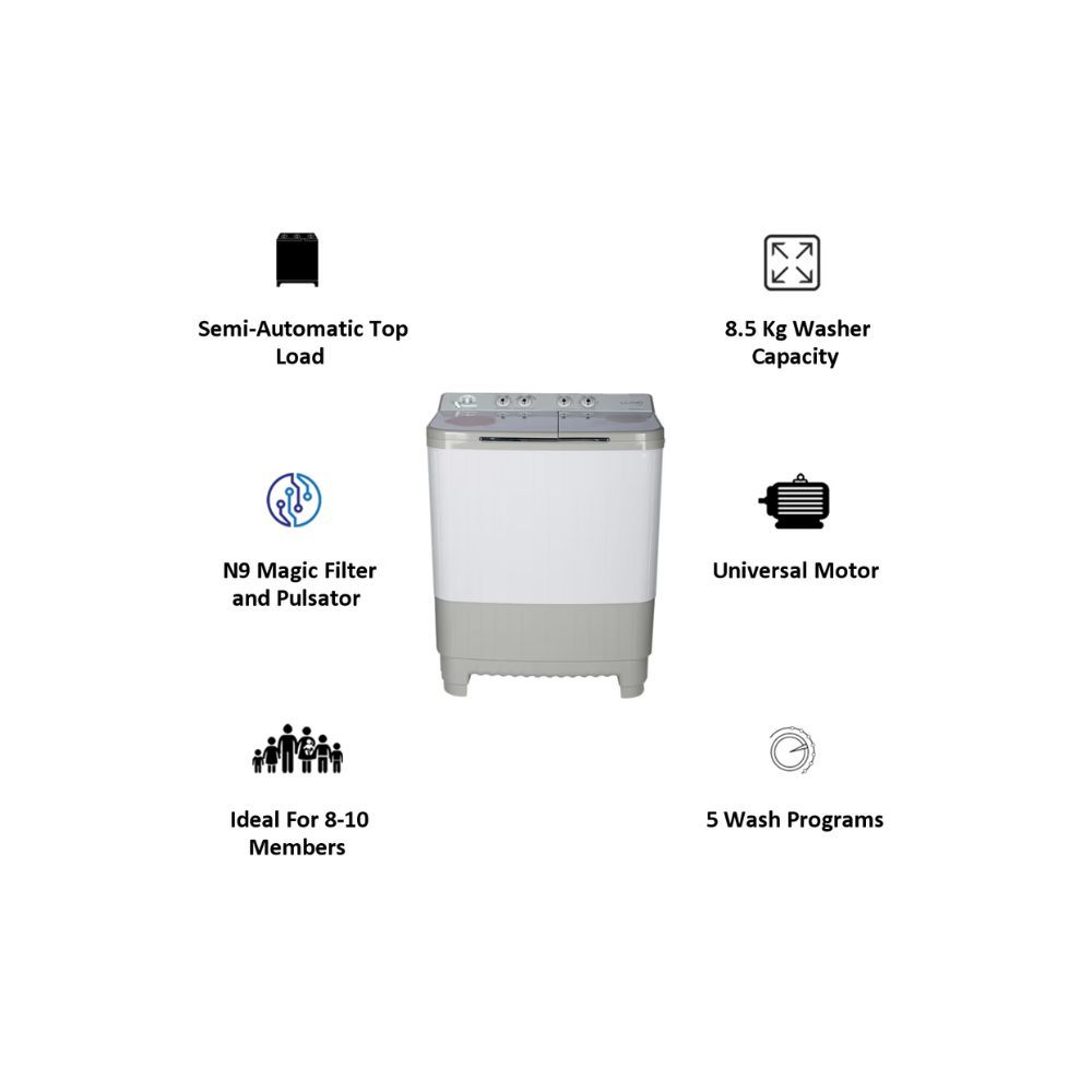 Lloyd 8.5 kg 5 Star Semi Automatic Washing Machine with Magic Filter (LWMS85HT1, Light Grey)