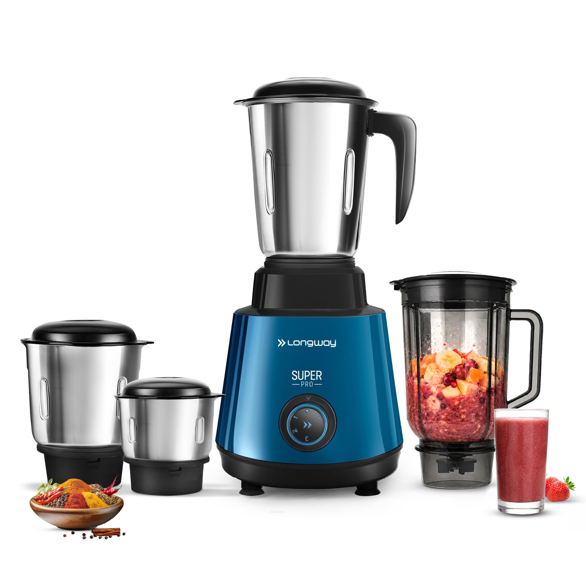 Longway Super Pro Juicer Mixer Grinder Up to 750W Max Output Powerful Motor 4 Jars for Grinding Mixing Juicing 2 Years Warranty Blue Black