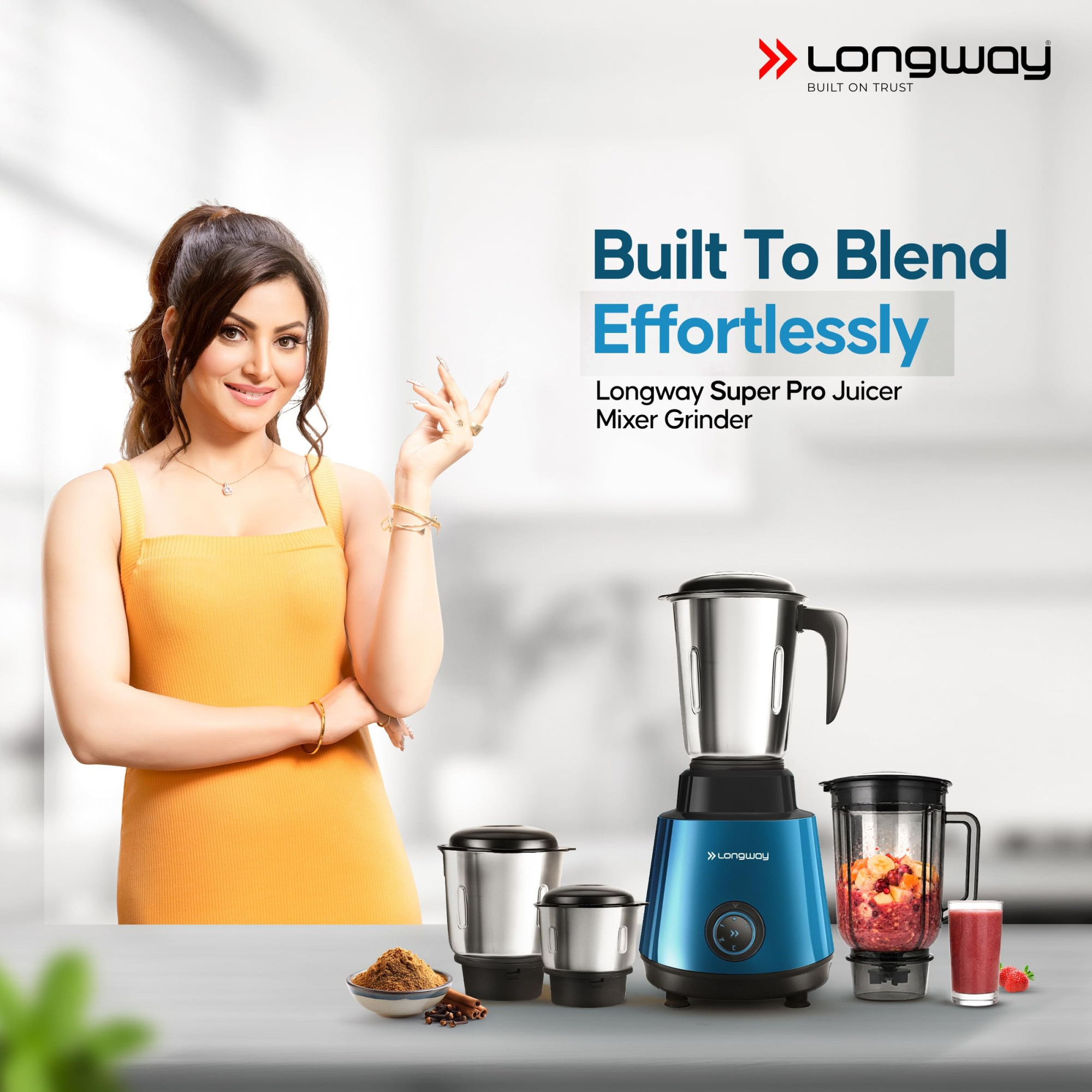 Longway Super Pro Juicer Mixer Grinder  Up to 750W Max Output Powerful Motor  4 Jars for Grinding Mixing Juicing  2 Years Warranty Blue  Black