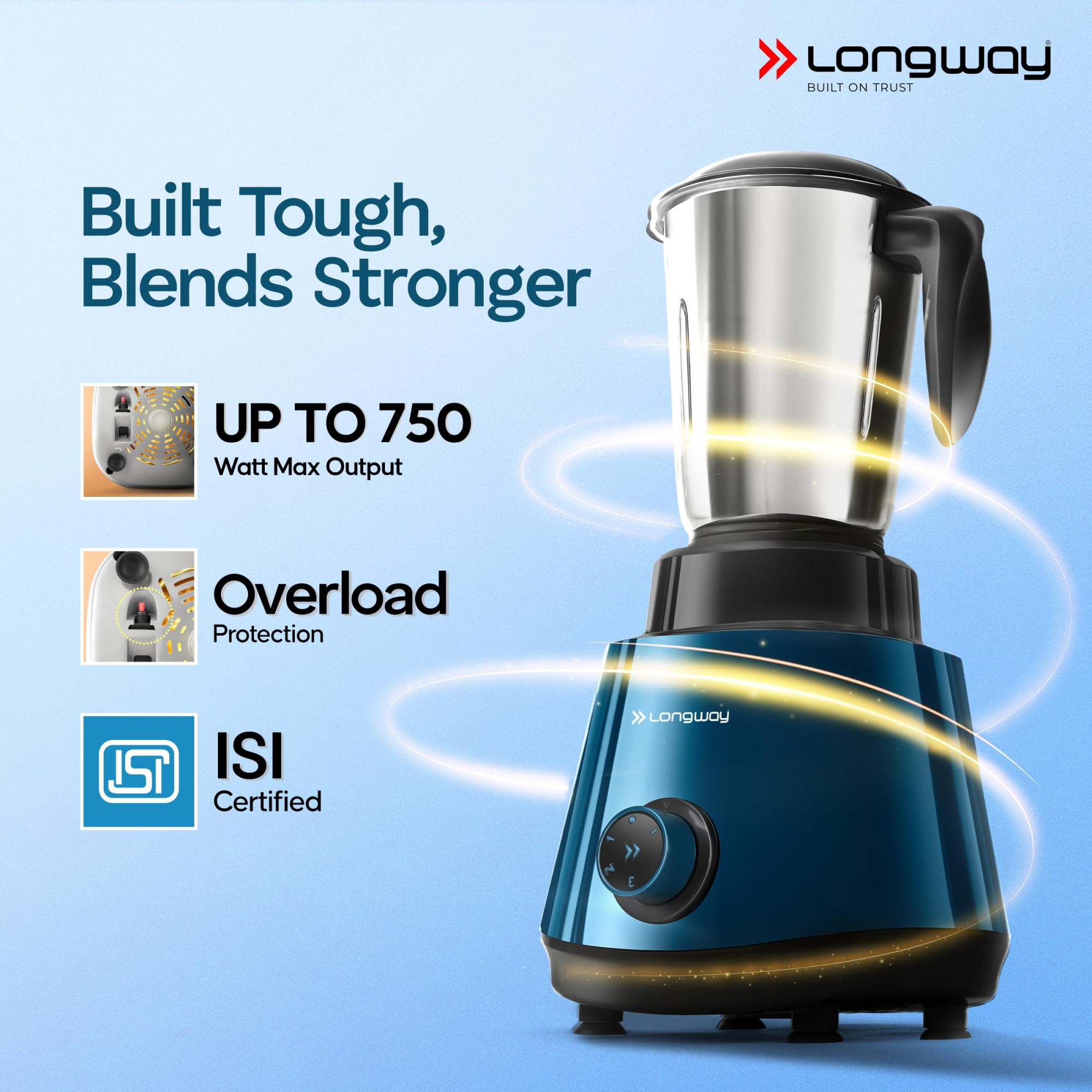 Longway Super Pro Juicer Mixer Grinder Up to 750W Max Output Powerful Motor 4 Jars for Grinding Mixing Juicing 2 Years Warranty Blue Black