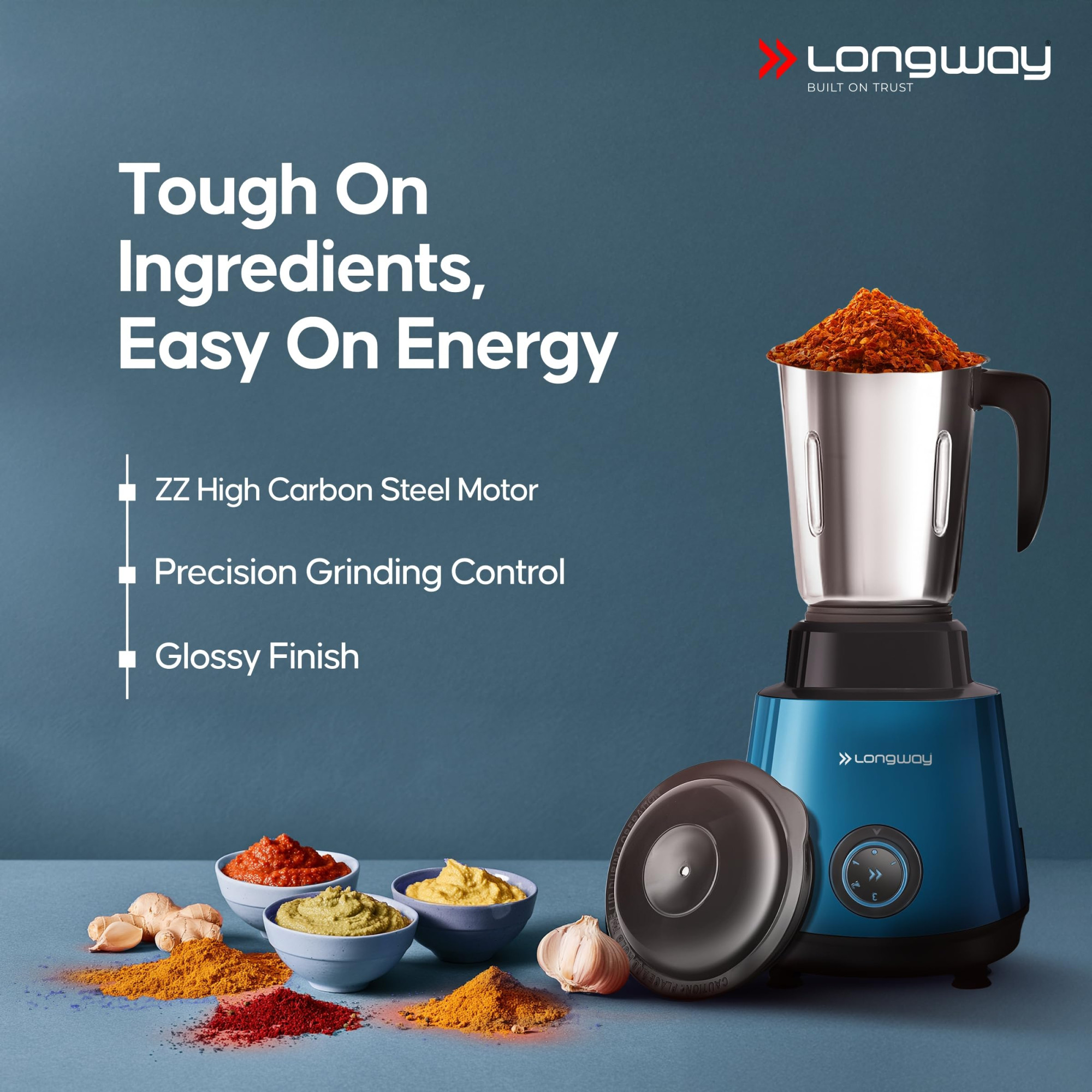 Longway Super Pro Juicer Mixer Grinder Up to 750W Max Output Powerful Motor 4 Jars for Grinding Mixing Juicing 2 Years Warranty Blue Black