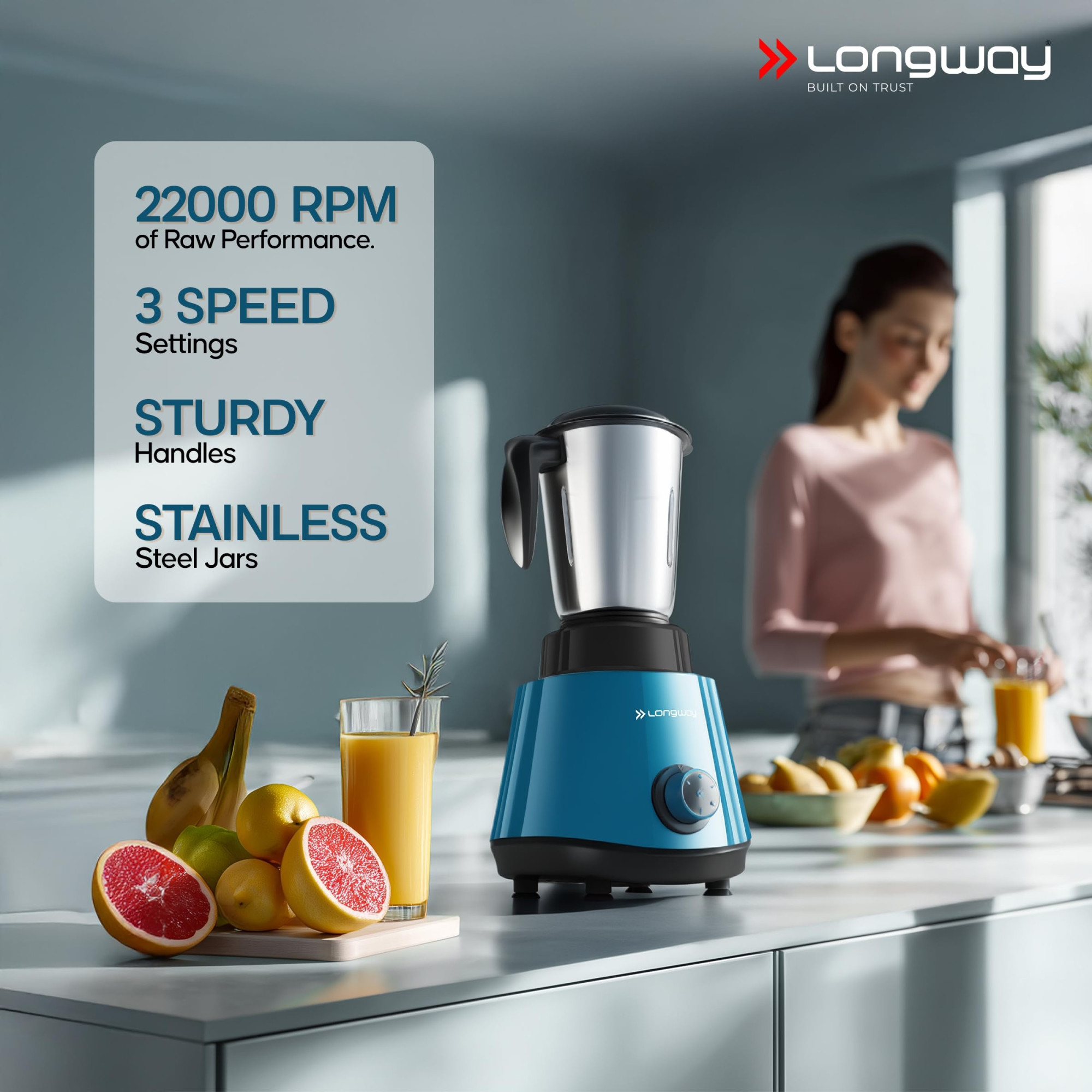 Longway Super Pro Juicer Mixer Grinder Up to 750W Max Output Powerful Motor 4 Jars for Grinding Mixing Juicing 2 Years Warranty Blue Black