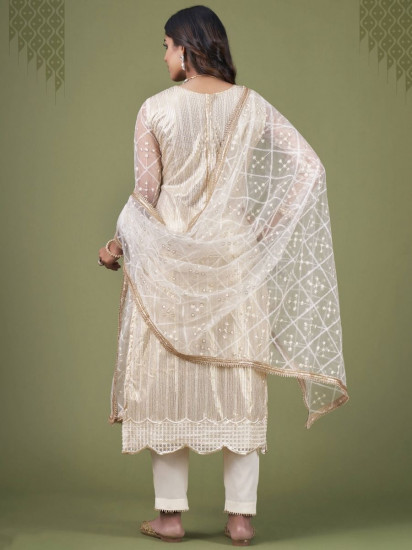 Lovely Cream Fancy Embroidered Net Festive Wear Salwar Kameez
