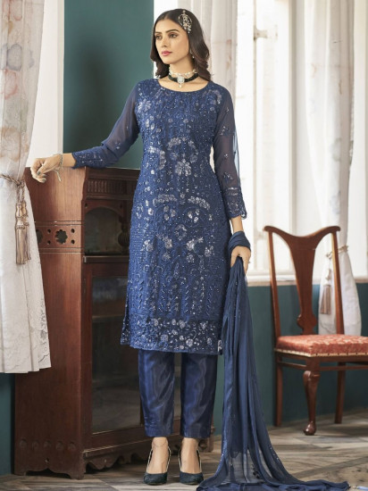 Butter Silk Fabric Salwar Suit With Blue And White Color – Kaleendi