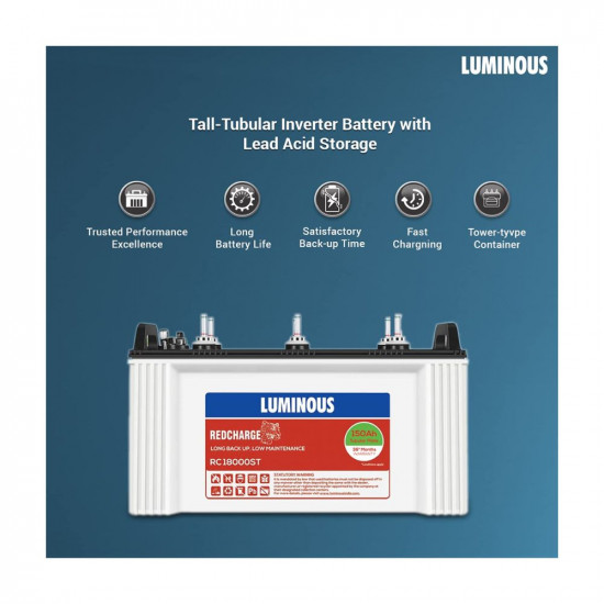 Luminous Inverter & Battery Combo (Eco Volt Neo 850 Pure Sine Wave 700VA/12V Inverter with Red Charge RC18000 ST Short Tubular 150Ah Battery)