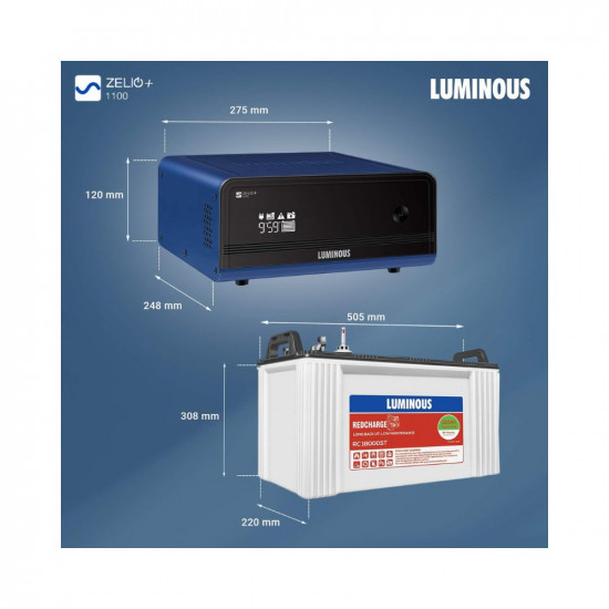 Luminous Inverter & Battery Combo (Zelio+ 1100 Pure Sine Wave 900VA/12V Inverter with Red Charge RC 18000ST Short Tubular 150Ah Battery)