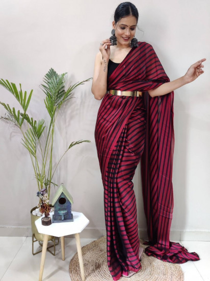 Magnetic Maroon-Black Striped Silk Party Saree Blouse With Belt(Un-Stitched)