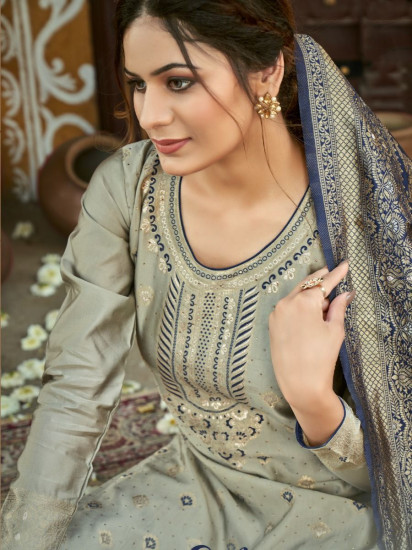 Magnificent Grey Embroidered Banarasi Silk Festive Wear Salwar Kameez