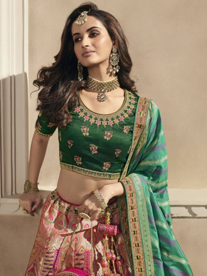 Magnificent Multi-color Zari Banarasi Silk Bridal Wear Lehenga choli