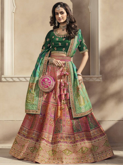 Magnificent Multi-color Zari Banarasi Silk Bridal Wear Lehenga choli