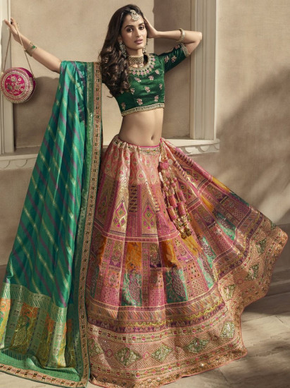 Magnificent Multi-color Zari Banarasi Silk Bridal Wear Lehenga choli