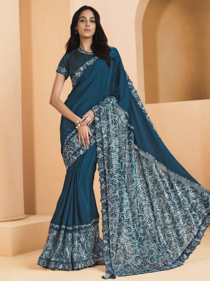 Magnificent Peacock Blue Sequined Crepe Party Wear Saree With Blouse(Un-Stitched)