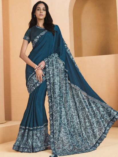 Magnificent Peacock Blue Sequined Crepe Party Wear Saree With Blouse(Un-Stitched)