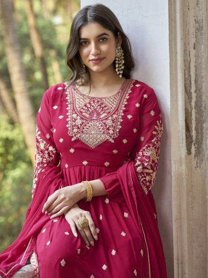 Magnificent Ruby Pink Embroidered Georgette Festive Wear Salwar Suit