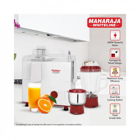 Maharaja Whiteline Gala Happiness Juicer Mixer Grinder with 2 Jars | Long Lasting Performance with 450 Watts| Food Grade Safe | High Grade Mesh for Efficient Juicing | 2 Year Warranty (White)
