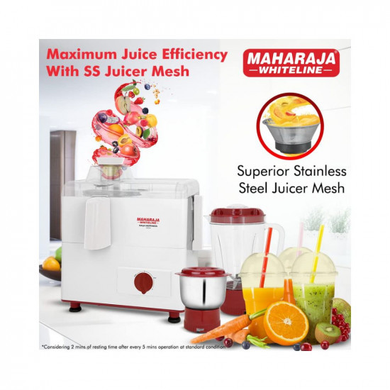 Maharaja Whiteline Gala Happiness Juicer Mixer Grinder with 2 Jars | Long Lasting Performance with 450 Watts| Food Grade Safe | High Grade Mesh for Efficient Juicing | 2 Year Warranty (White)