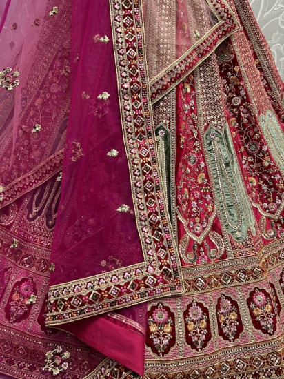 Majestic Hot Pink Fancy Embroided Velvet Designer Bridal Lehenga Choli
Semi Stitched