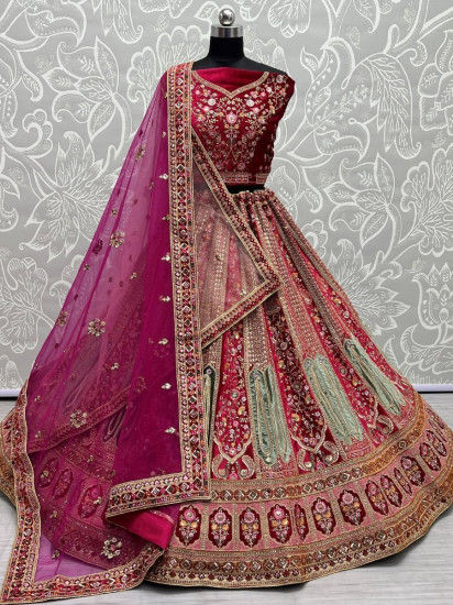 Majestic Hot Pink Fancy Embroided Velvet Designer Bridal Lehenga Choli
Semi Stitched