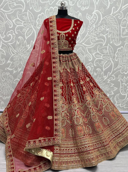 Majestic Red Fancy Embroidery Velvet Bridal Lehenga Choli
Semi Stitched
