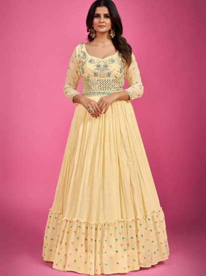 Majestic Yellow Mirror work Georgette Gown With Dupatta