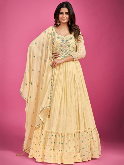 Majestic Yellow Mirror work Georgette Gown With Dupatta