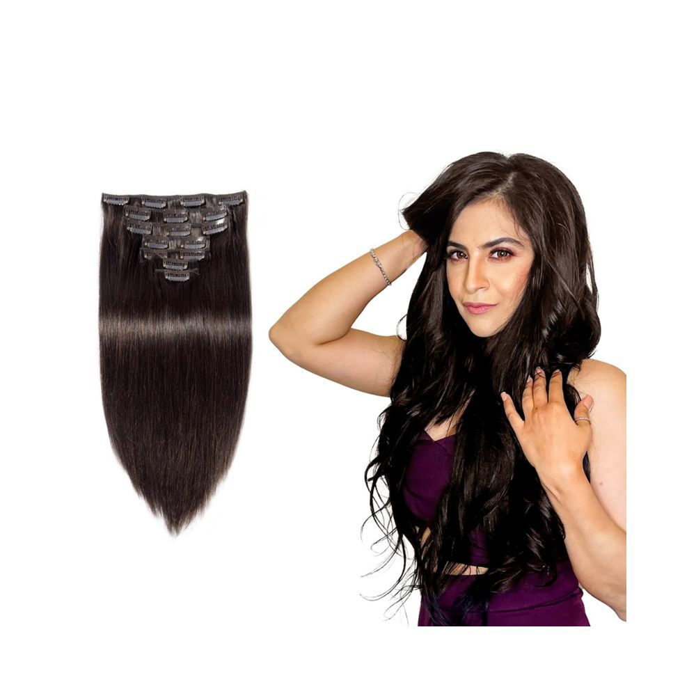 Majik Full Head 7 Pieces Human Hair Extensions for Women and Girls 16 Inch 50 Grams 7 Pcs Brown